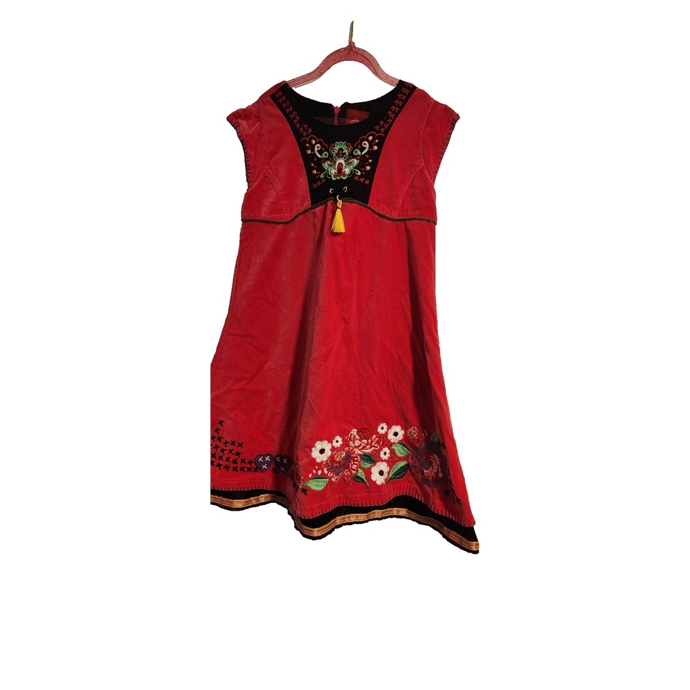 Oilily Red Embroidered Velvet Dress With Floral and Tassel Accents 140cm/10y